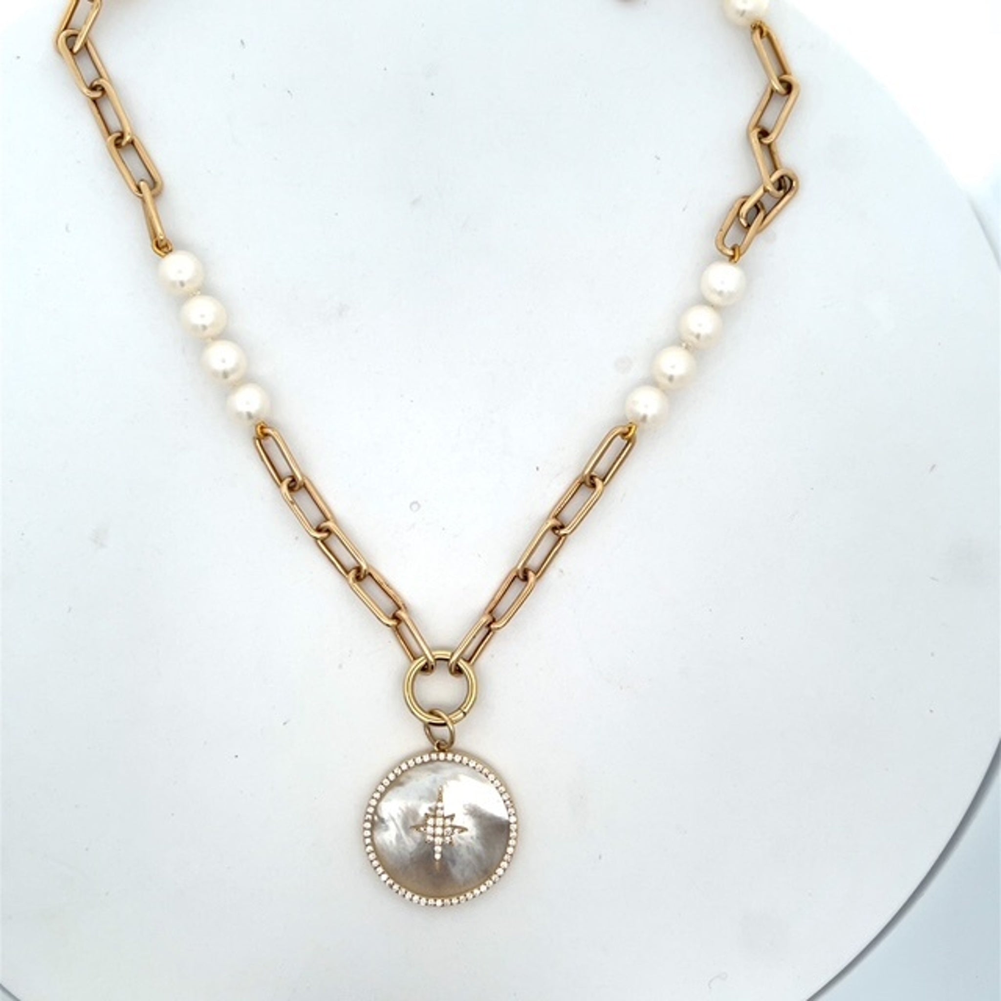 14K Yellow Gold Round Mother of Pearl Pendant Necklace