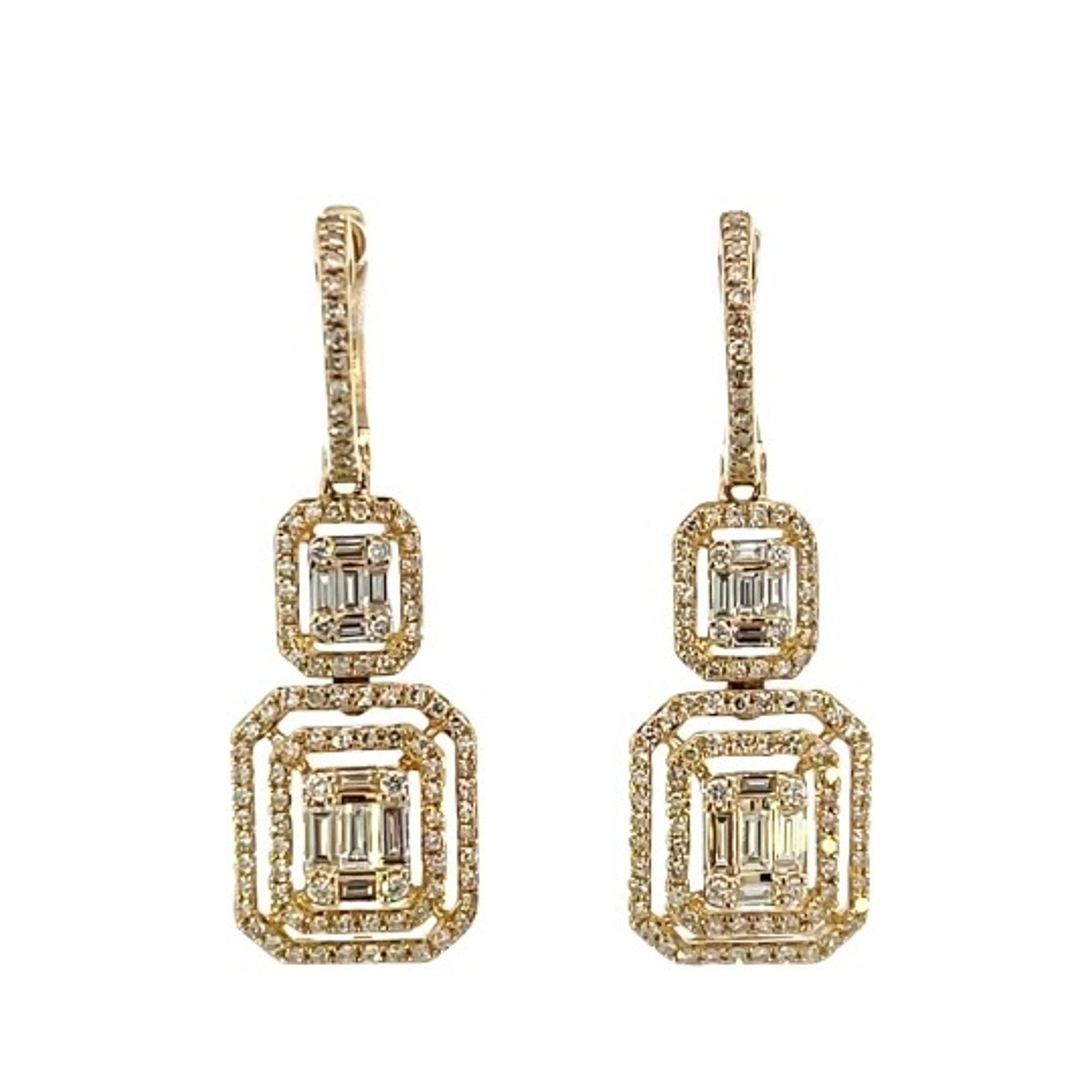 14K Yellow Gold 0.40ctw Baguette & Rounds Hanging Earring