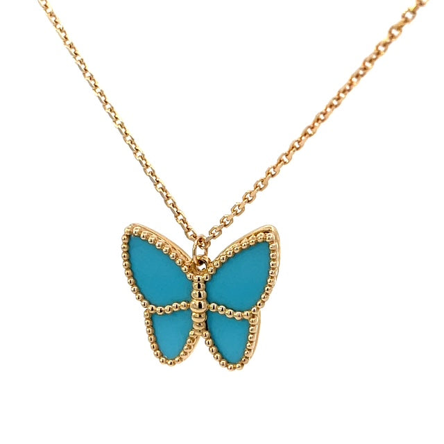 14K Yellow Gold Butterfly Turqouise Pendant Necklace