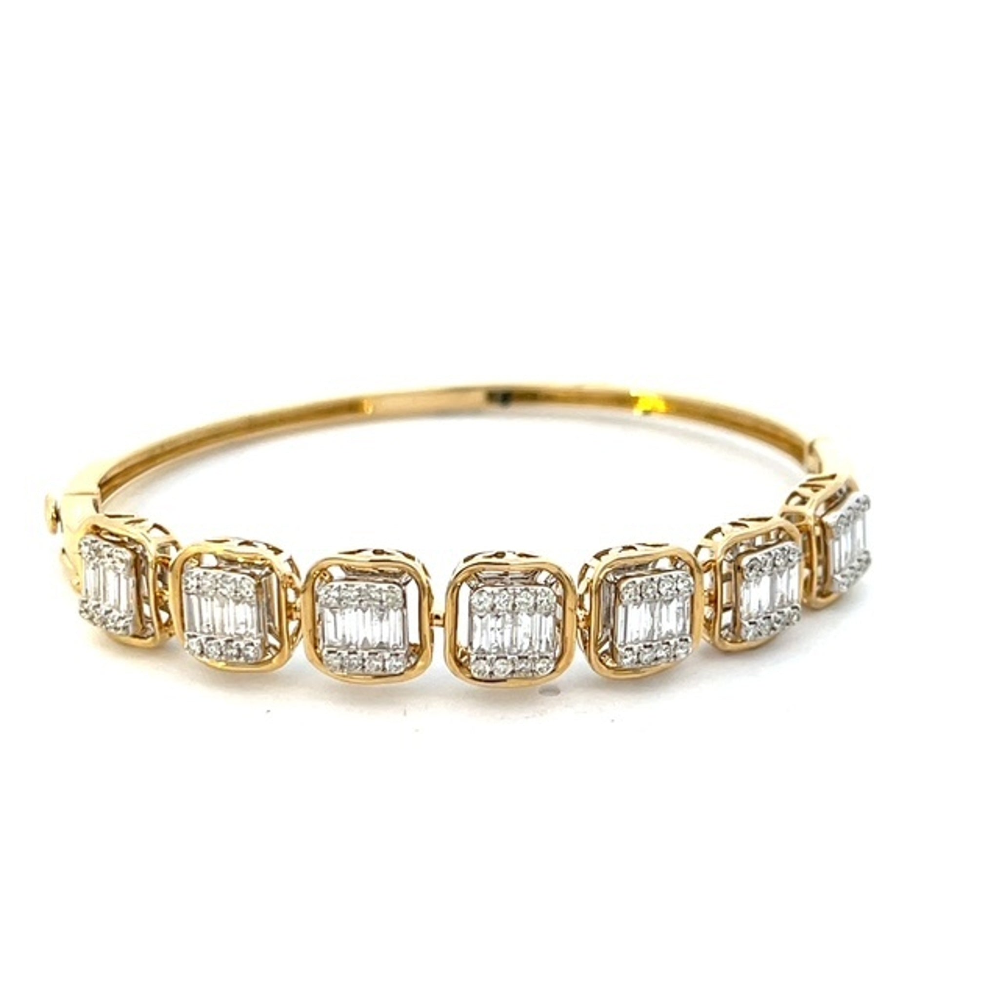 14K Yellow Gold Cluster Baguette & Round Bangle