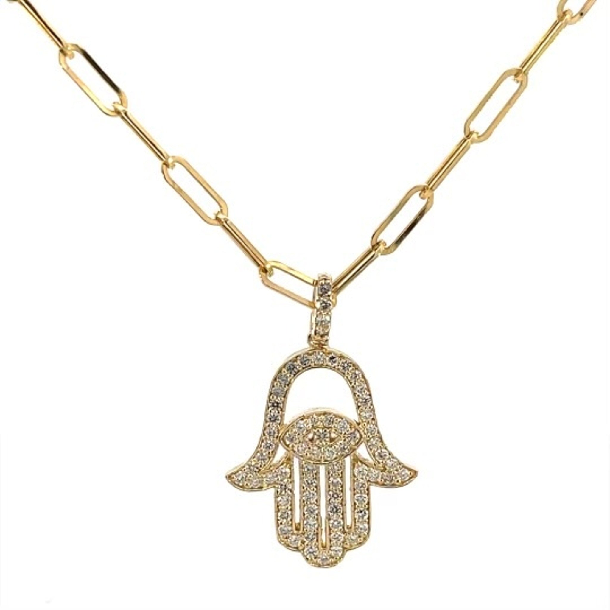 14K Yellow Gold Diamond Hamsa Pendant with Paperclip Chain 20" Necklace