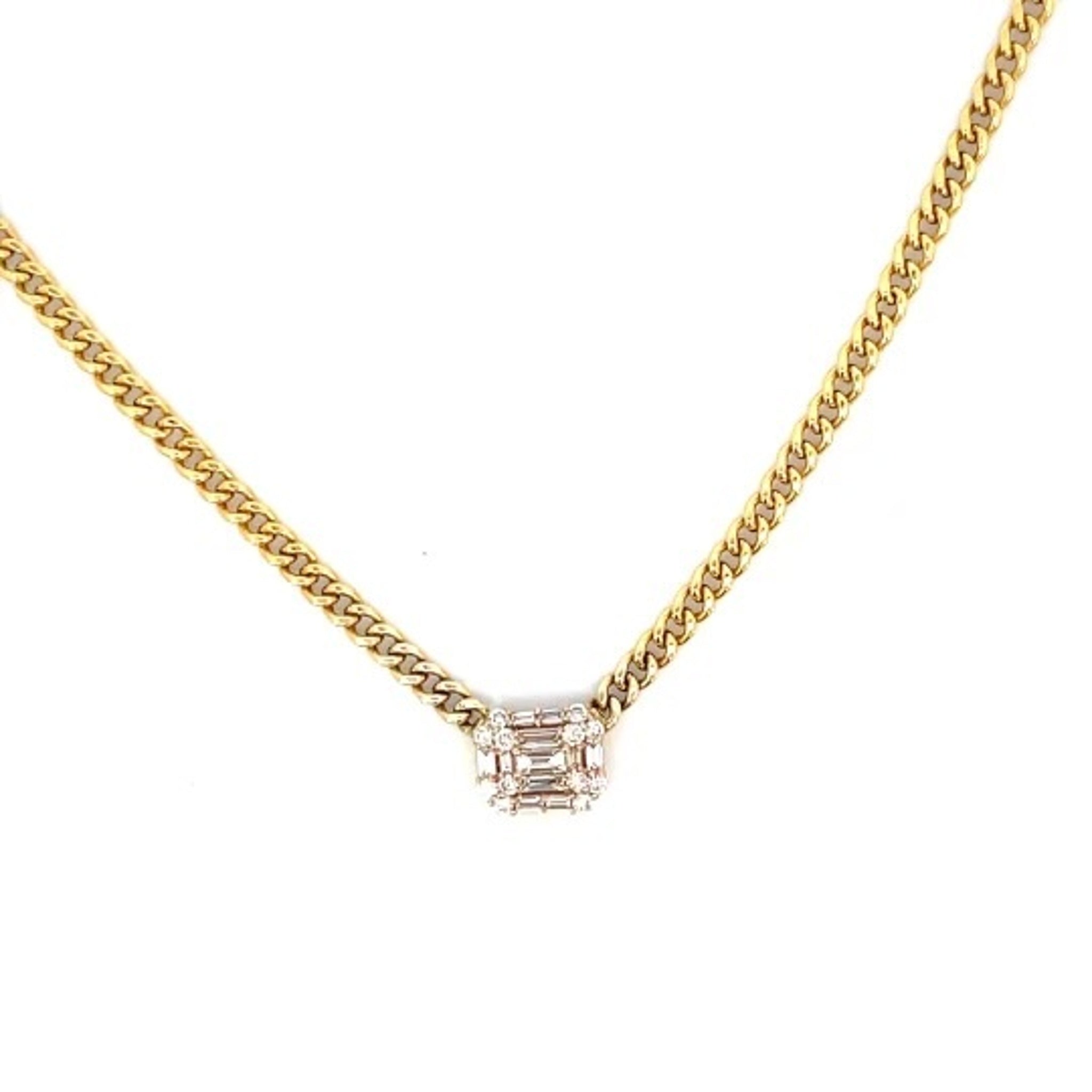 14K Yellow Gold Emerald Cut Shape Cluster Diamond Cuban Chain Necklace