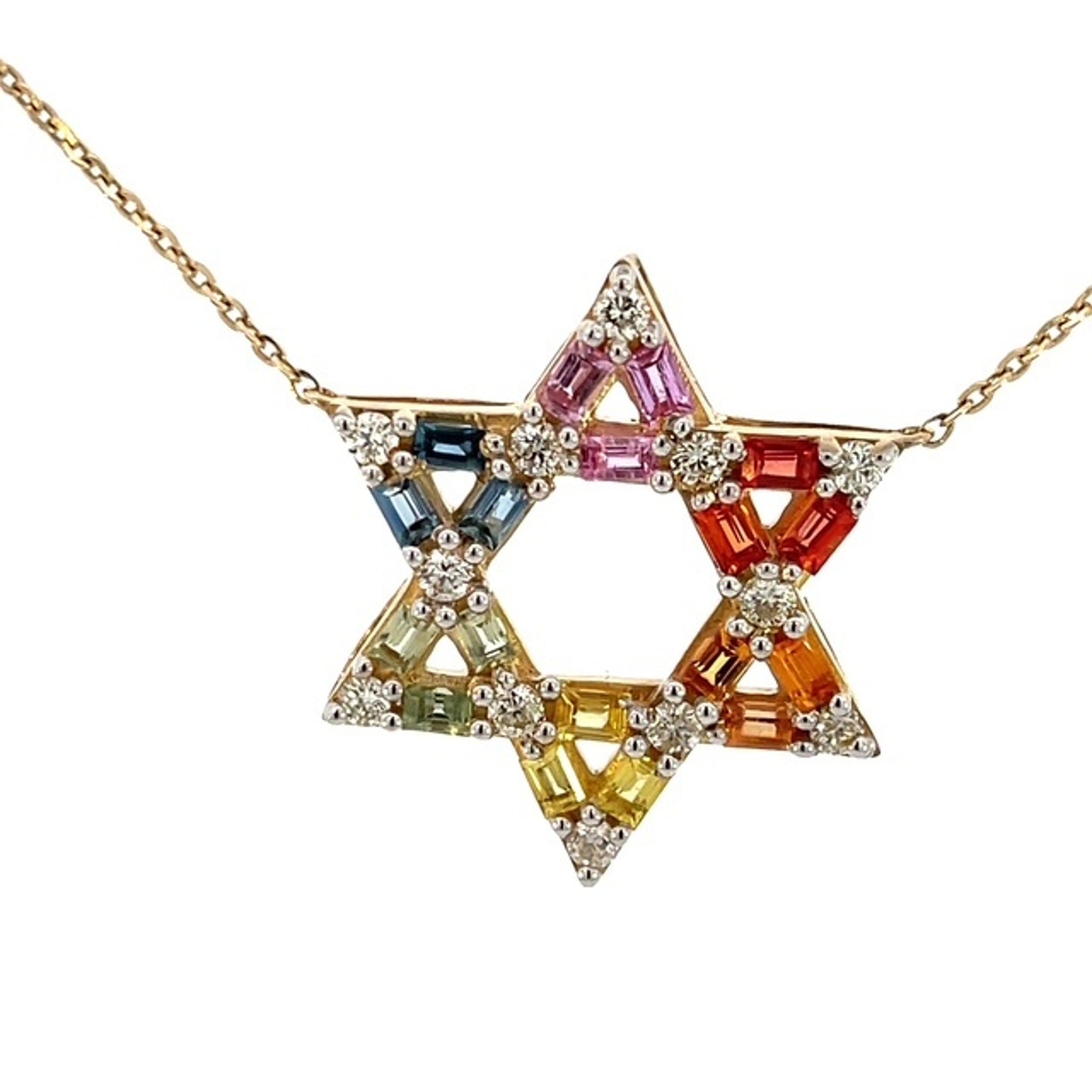 14K Yellow Gold Mix Sapphire Star of David Pendant Necklace