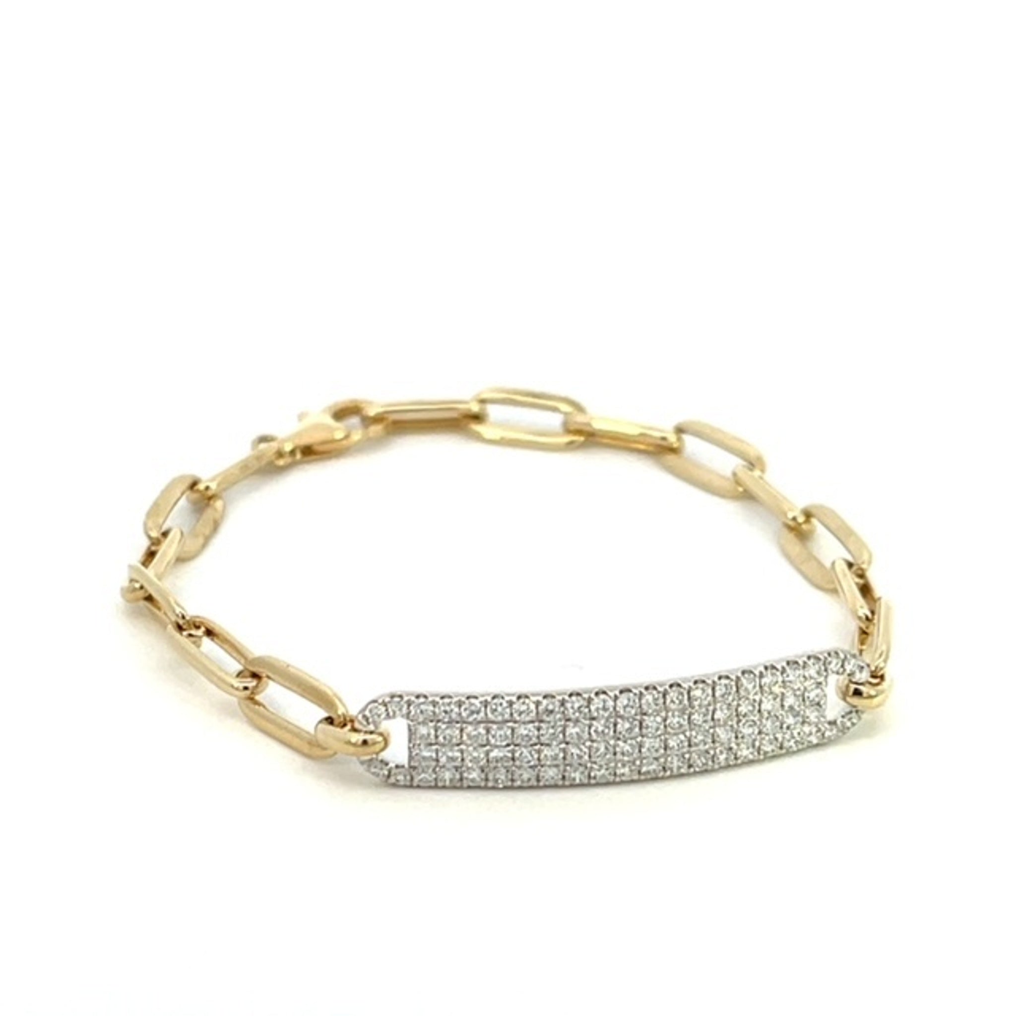 14K Yellow Gold Pave Bar Paperclip Bracelet