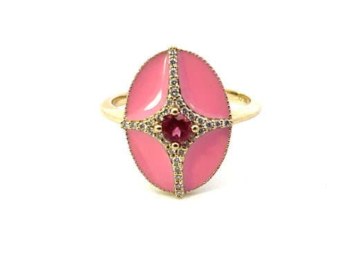 Pink & Diamond Enamel Ring with Ruby Center