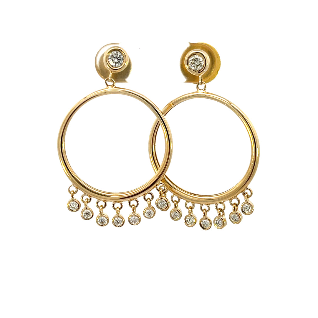 14KYELLOW GOLD ROUND WITH BEZEL SET DIAMOND HANGING EARRINGS