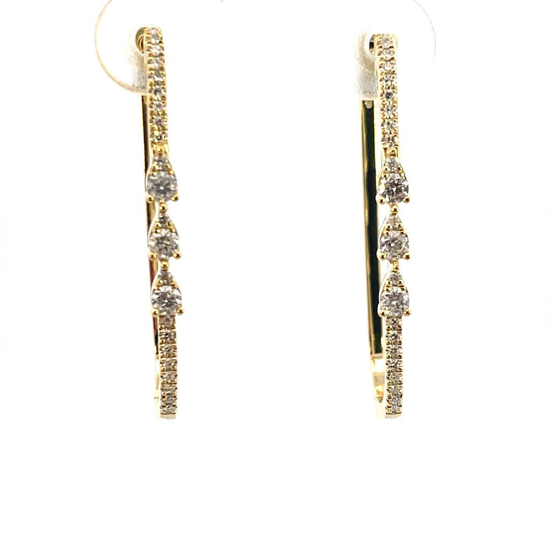 14K YELLOW GOLD 3 DIAMOND RECTANGULAR-SHAPE HOOP EARRINGS