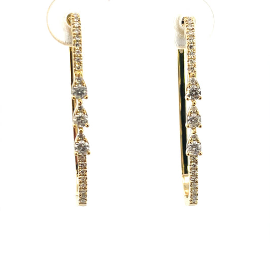 14K YELLOW GOLD 3 DIAMOND RECTANGULAR-SHAPE HOOP EARRINGS