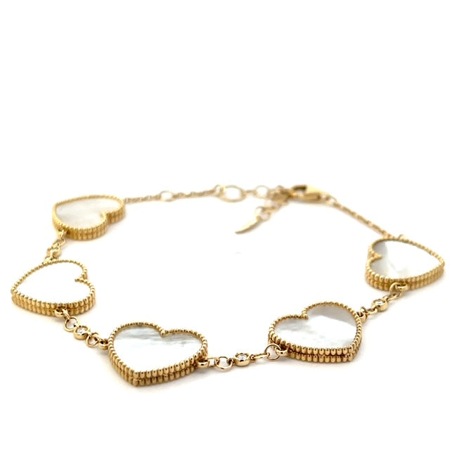 14K Yellow Gold Mother of Pearl Heart Bracelet
