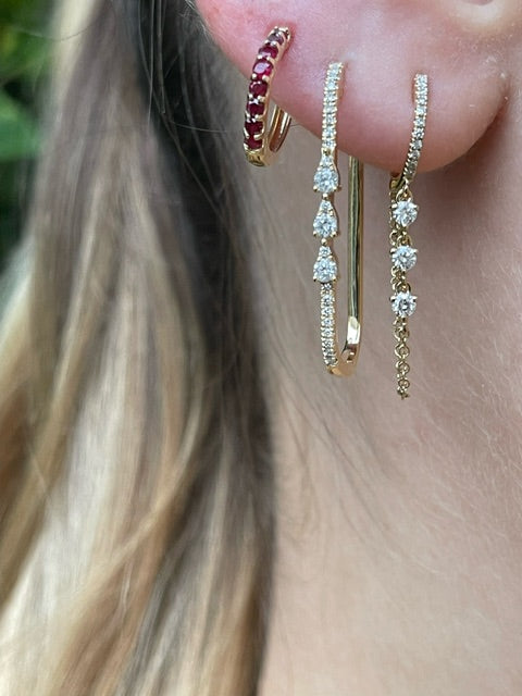 14K YELLOW GOLD 3 DIAMOND RECTANGULAR-SHAPE HOOP EARRINGS