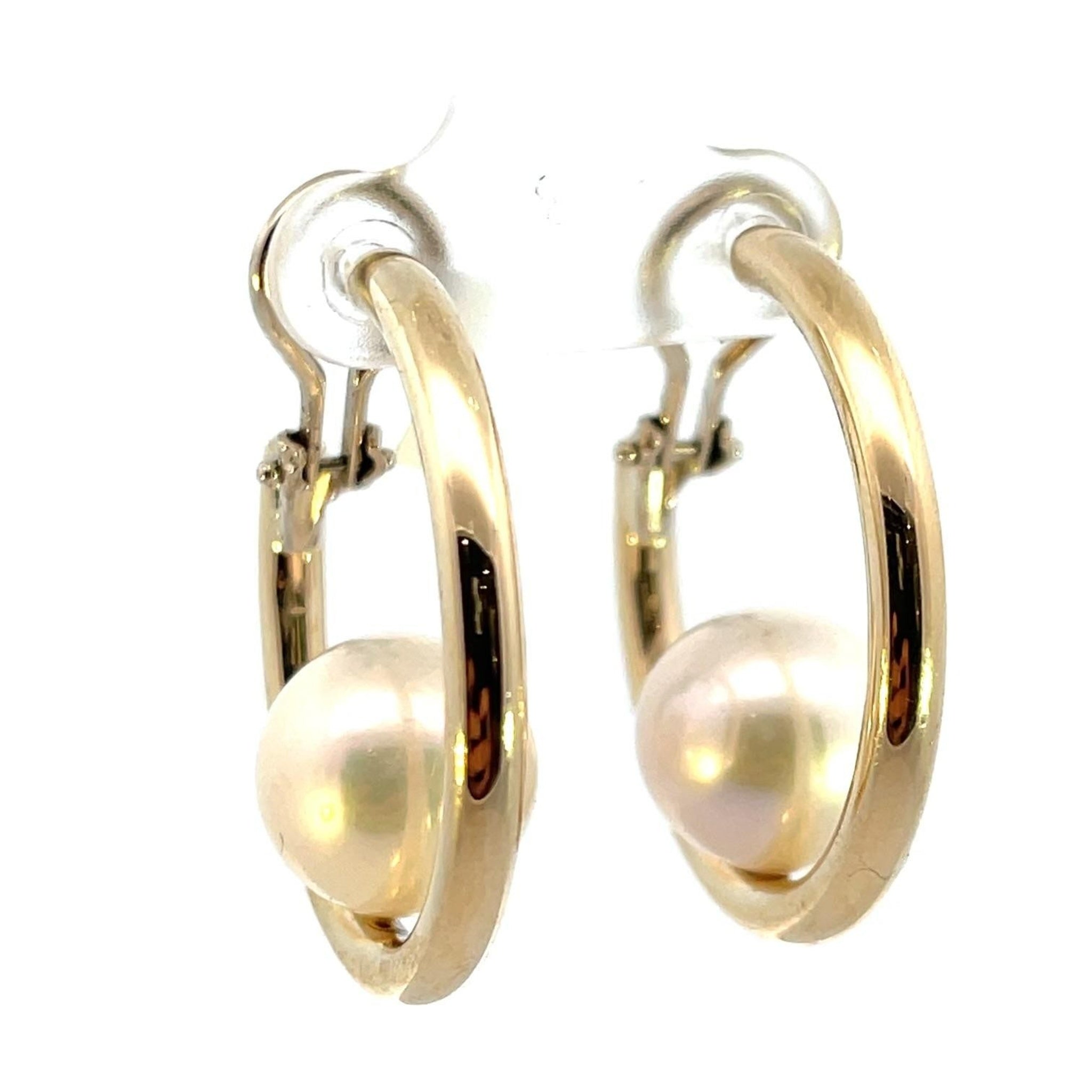 14K Solid Yellow Gold Hoop Fresh Water Pearl Earring