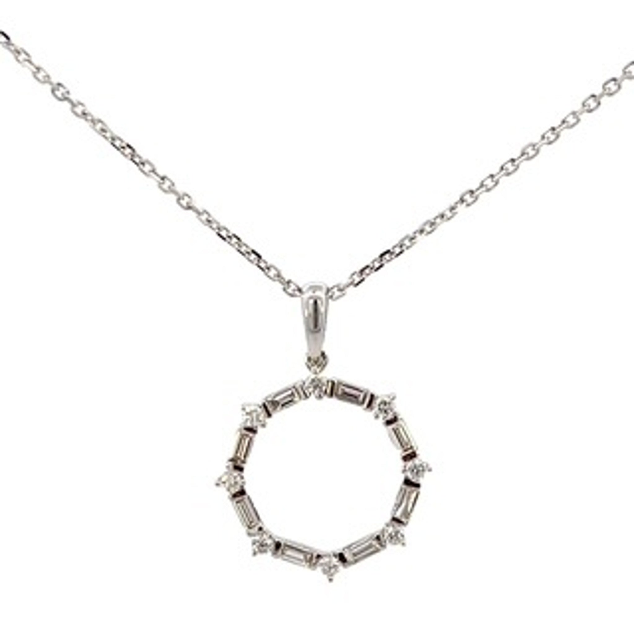 14K White Gold Round Baguette Pendant Necklace