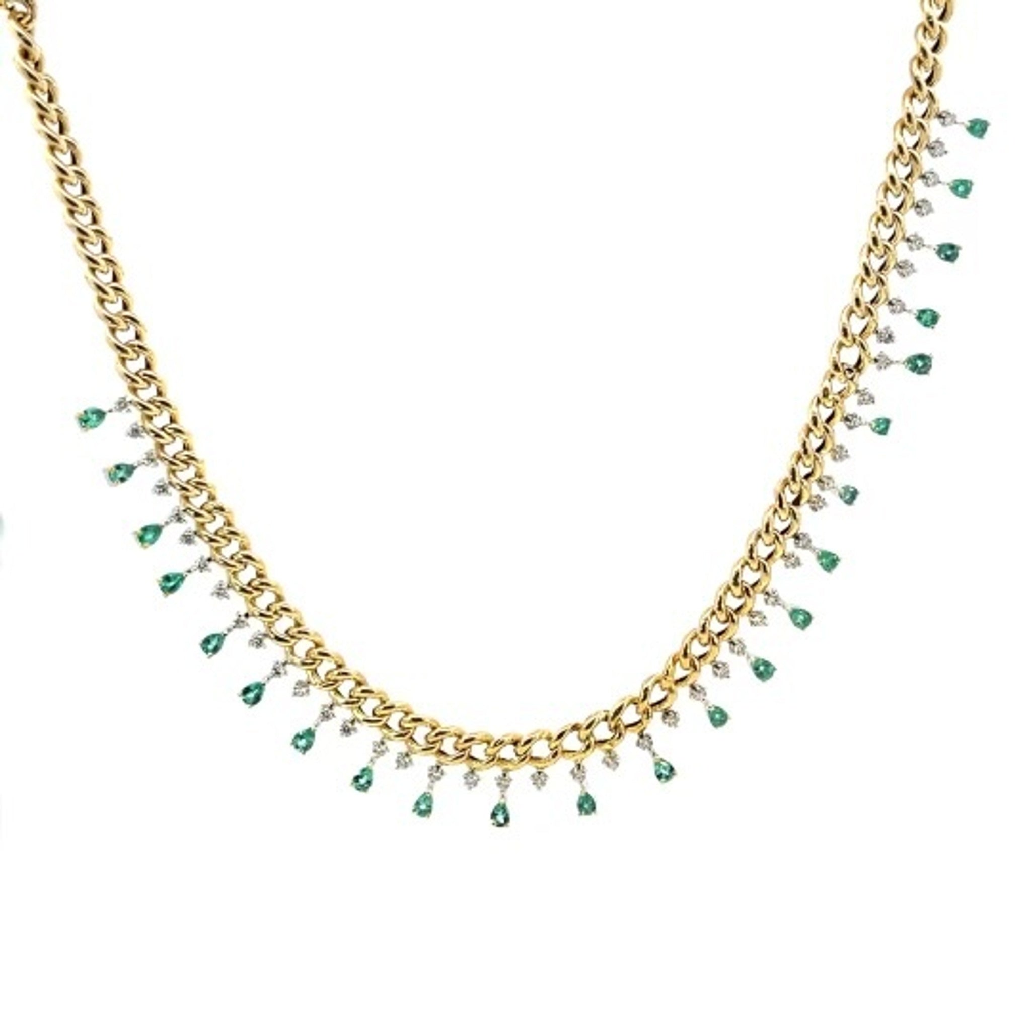 14K Yellow Gold 1.15ctw Emerald & 2.25ctw Diamond Necklace with Cuban Chain