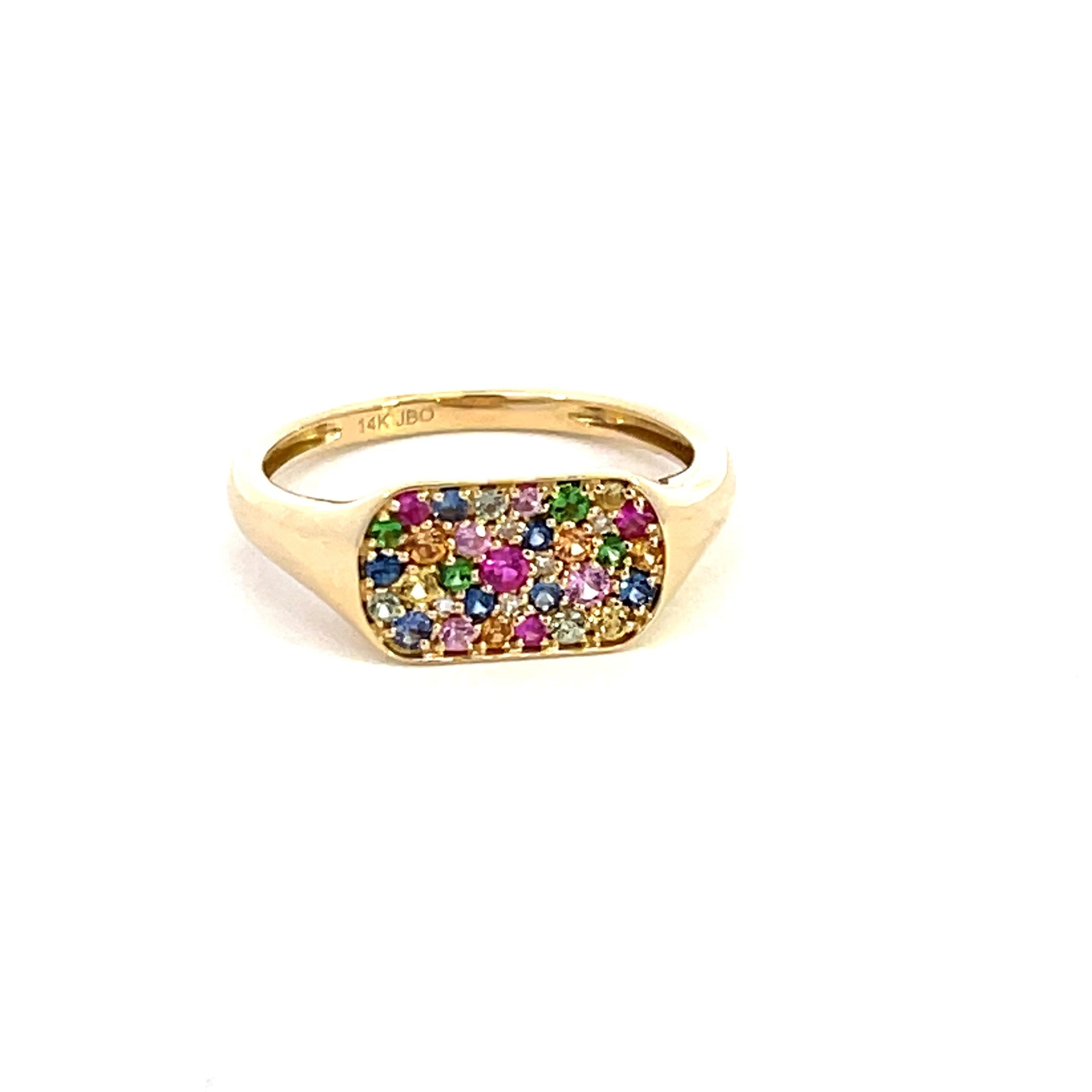 14K Yellow Gold Rectangular Multi Color Sapphire Ring