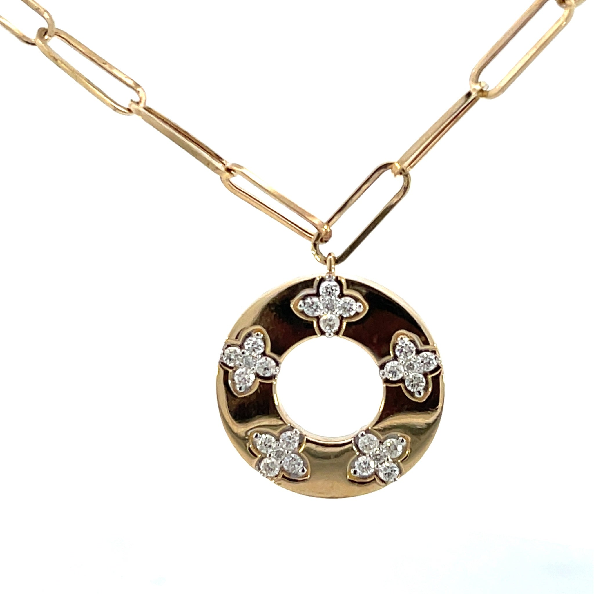 14K Yellow Gold Shiny Round Pendant & Paperclip Chain Necklace