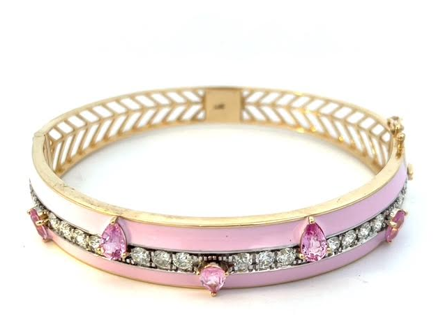 Pink Saphire + Pink Enamel Heavy Gold Bangle