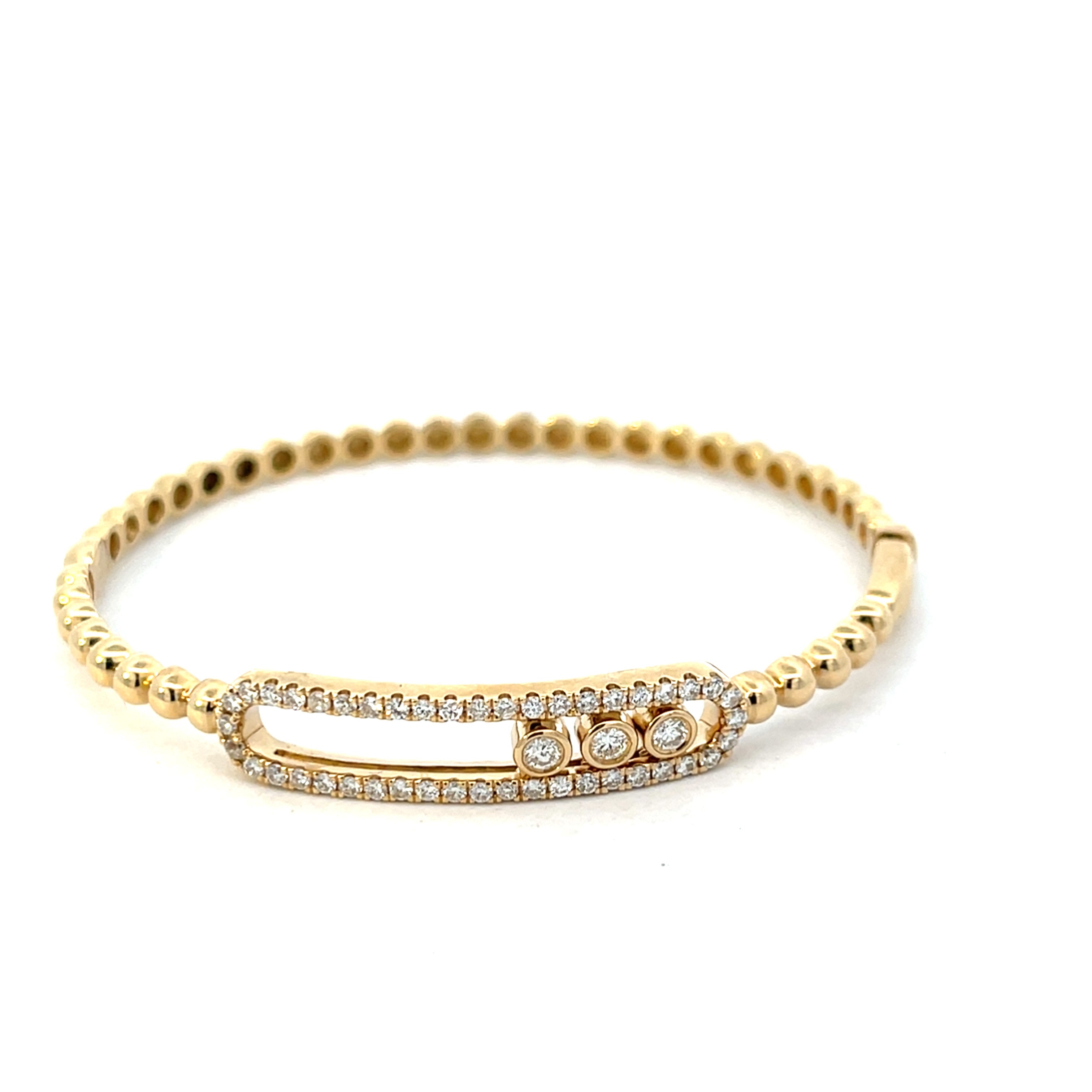 14k Yellow Gold Moving Diamond Bar Bead Bangle