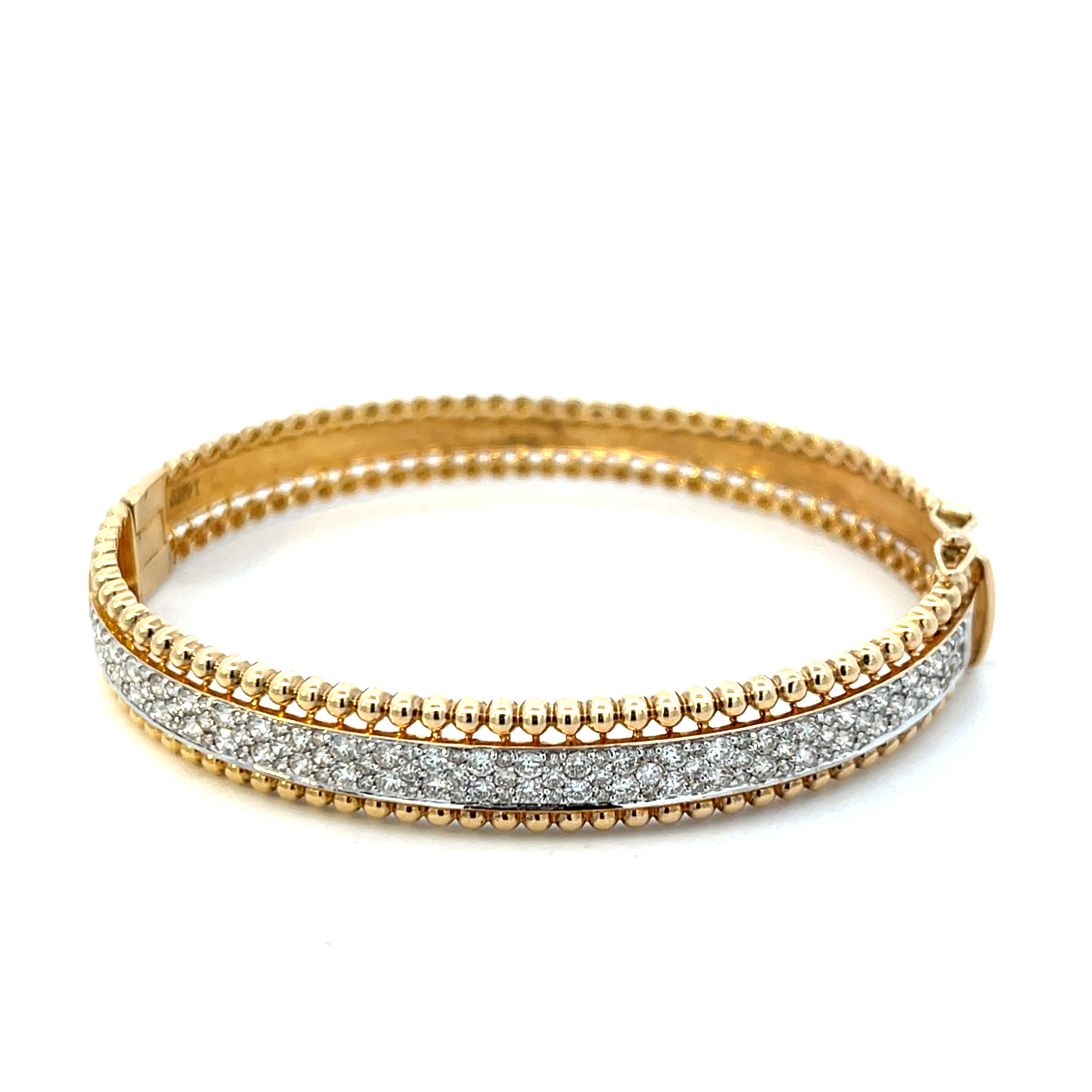 14K Yellow Gold Pave Diamond  Beaded Edge Bangle