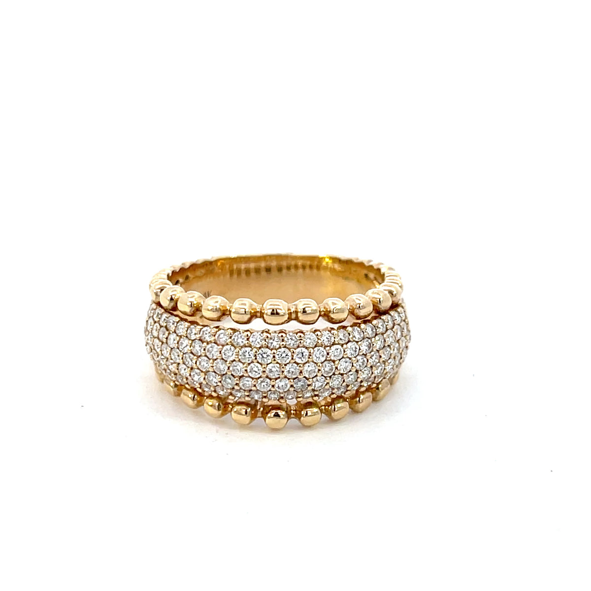14K Yellow Gold Pave 0.79ctw Diamond & Bead Border Ring