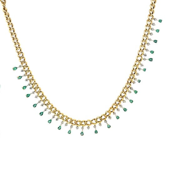 Diamond and Emerald Drop CUban Necklace