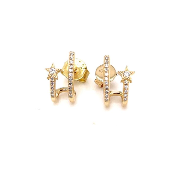 Gold stud earring with a gold star charm that extends outward and is studded with diamonds.